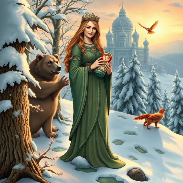 A captivating tarot card illustration of "The Empress" featuring Katya from the Magic Nesting Doll, elegantly holding her beautifully crafted nesting doll