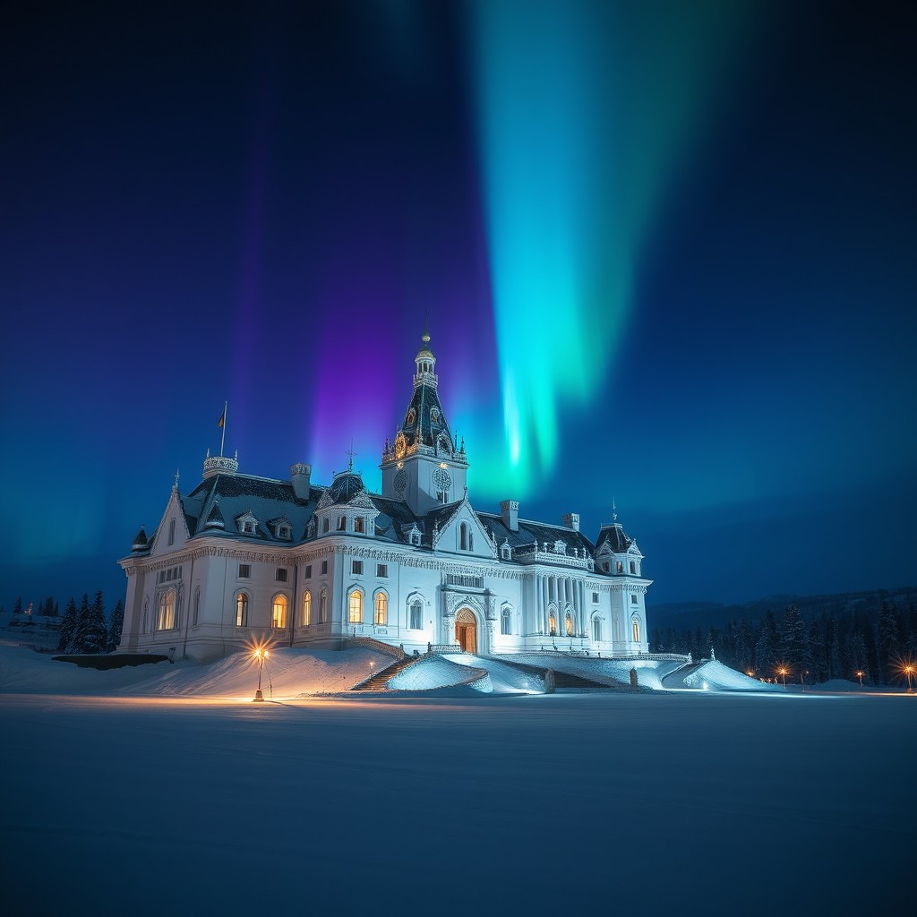 A majestic snow-white castle set in a snowy landscape at night, illuminated by the enchanting colors of the northern lights in vibrant blue, green, and purple hues