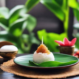 Kudus' traditional Putu Ayu dessert showcased against a backdrop of Indonesian cultural elements