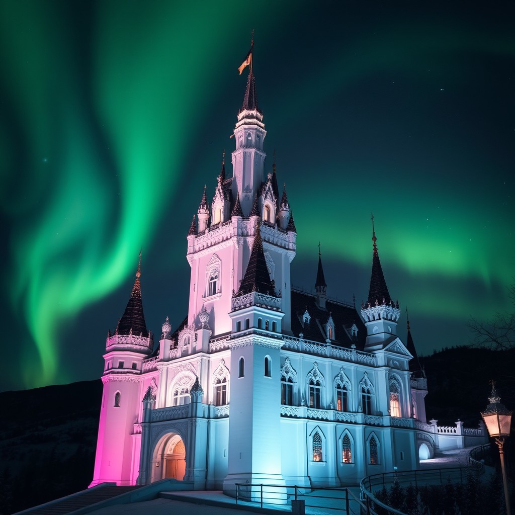 A magnificent white castle illuminated under the night sky, surrounded by vibrant, swirling northern lights casting a colorful glow