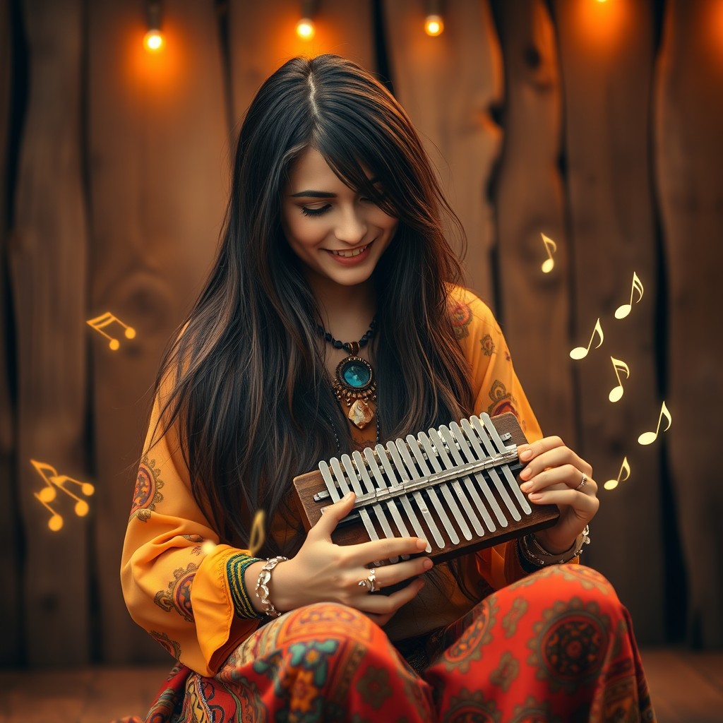 A 19-year-old human bard with long, straight, layered dark brown hair, deeply focused while playing a kalimba