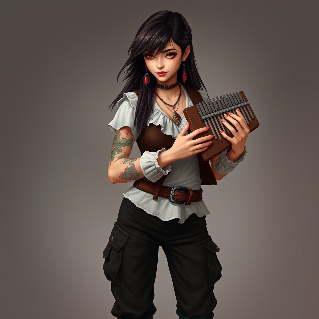 A 19-year-old female human bard with long, straight, layered dark brown hair, playing a kalimba