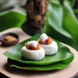 Kudus' traditional Putu Ayu dessert showcased against a backdrop of Indonesian cultural elements