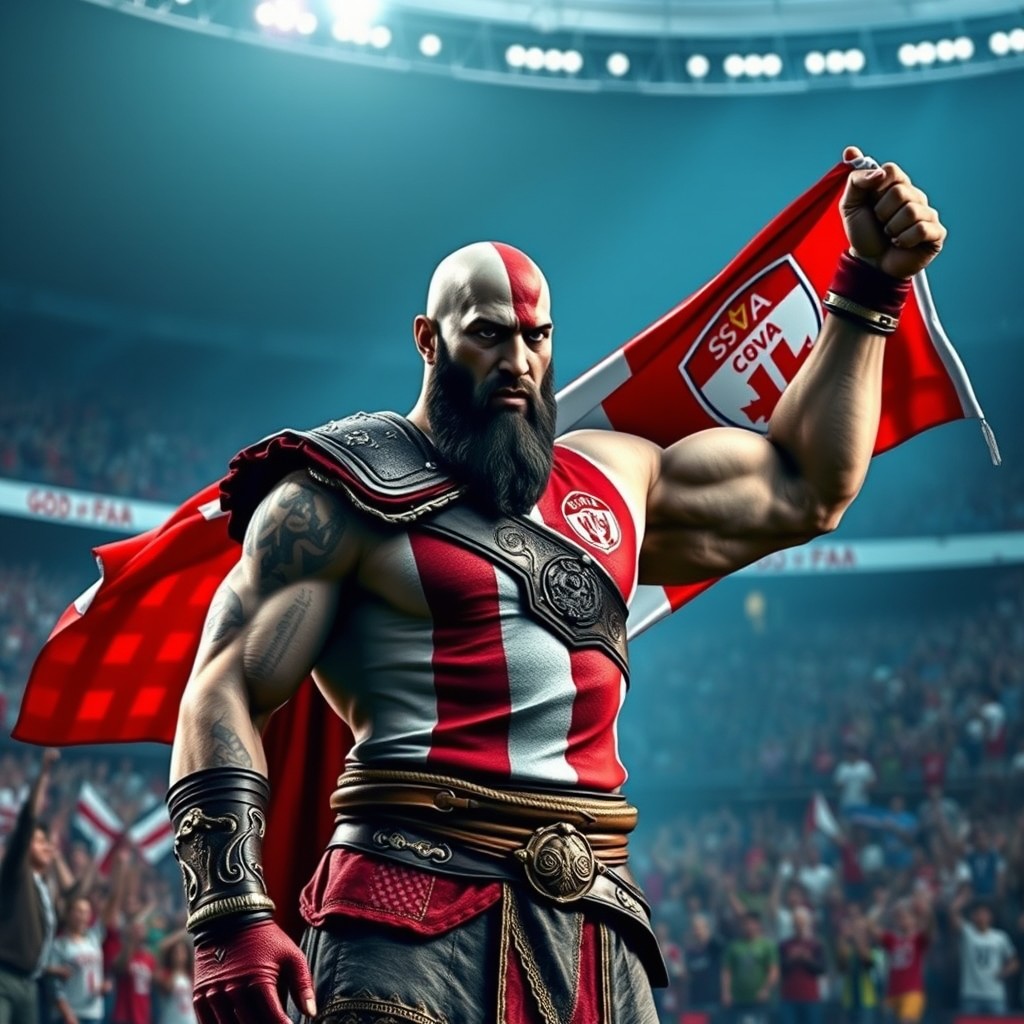 Kratos from God of War, wearing a Slavia Prague football jersey, proudly holding a Slavia Prague flag, with the Slavia Prague stadium visible in the background