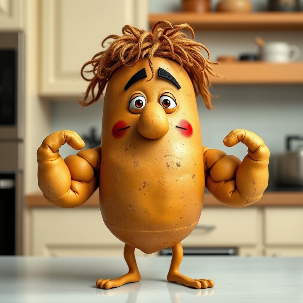 A realistic potato character with hands and legs