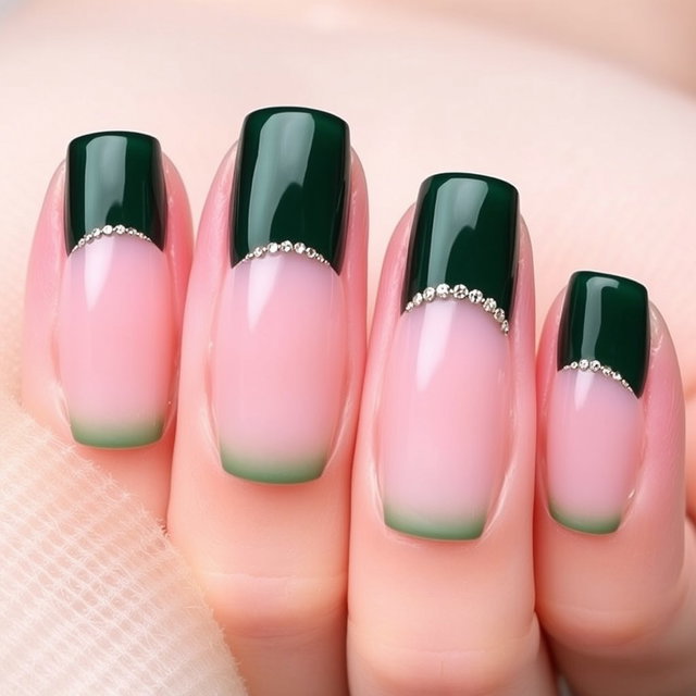 A close-up image of dark emerald manicured nails