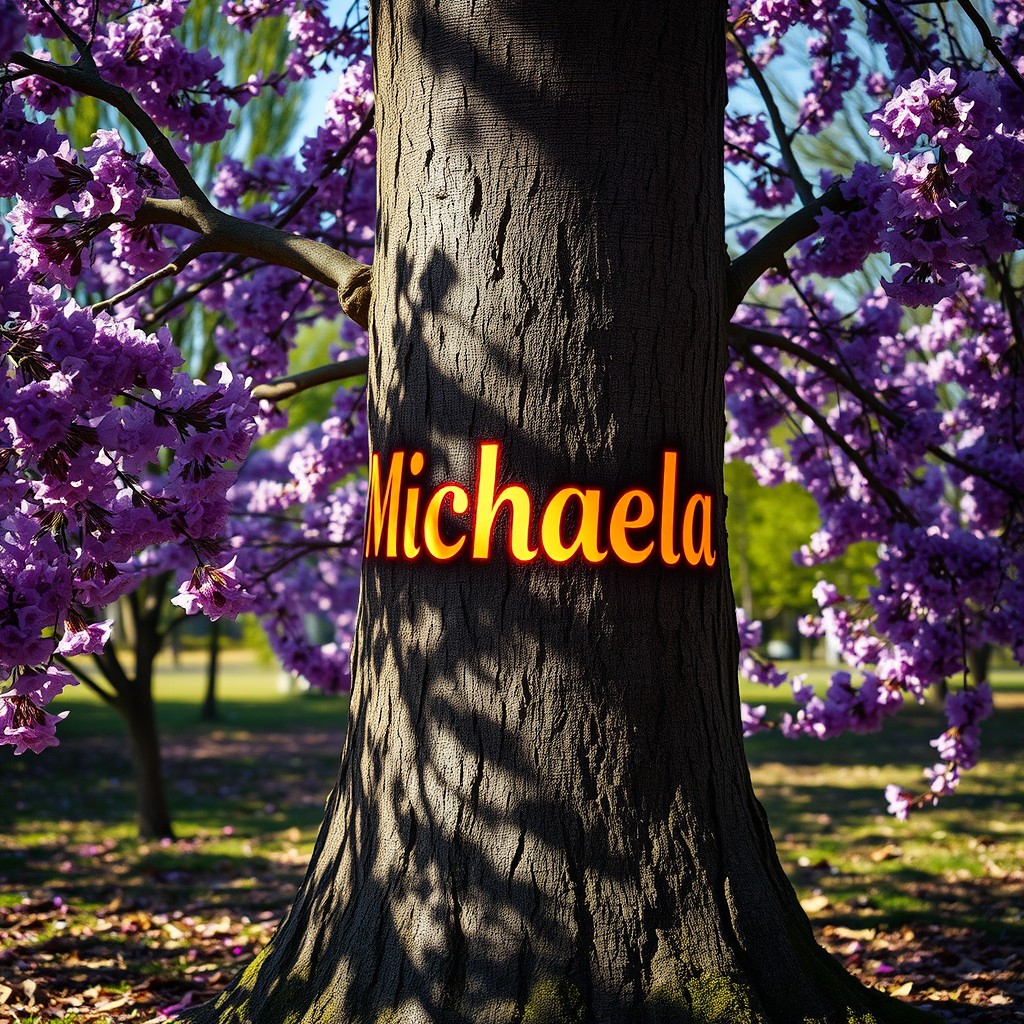 The name 'Michaela' beautifully burned into the trunk of a blossoming tree, surrounded by vibrant purple flowers