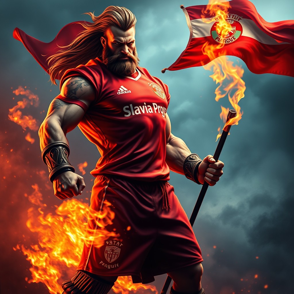 A muscular warrior resembling a godlike character wearing a Slavia Prague football jersey, standing confidently in a dynamic pose as he burns a flag of Sparta Prague with a fierce expression
