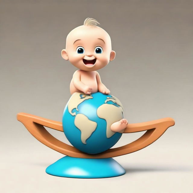 An adorable baby Archimedes sitting on the lowered side of a seesaw, with Planet Earth on the raised side. The fulcrum, positioned in the center-bottom, is shaped like the smile of a child.