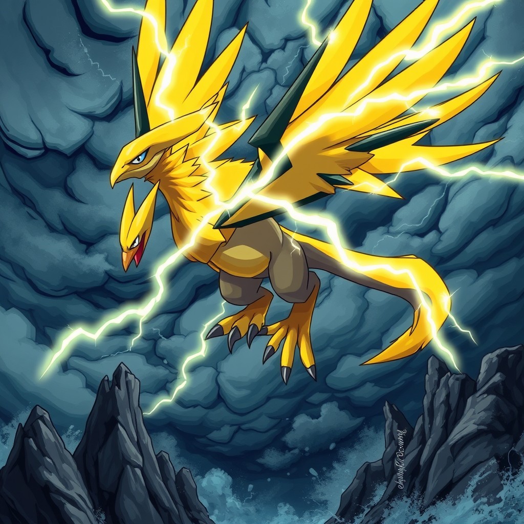 A vivid and dynamic illustration of Zapdos, the legendary electric-type Pokémon, soaring through a turbulent storm