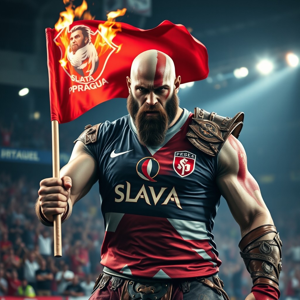 A powerful character resembling Kratos from God of War, wearing a Slavia Prague football jersey, portrayed in a dramatic sports scene