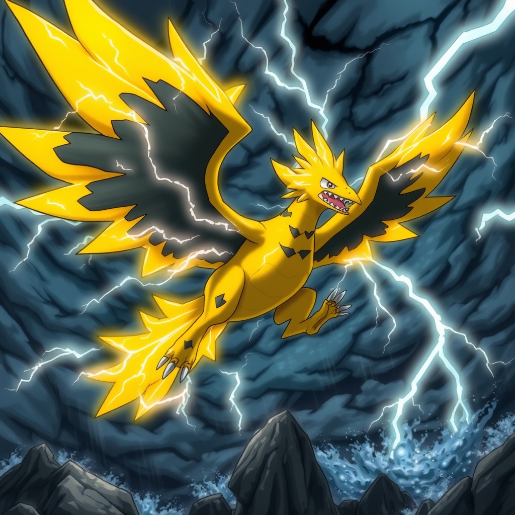 A captivating image of Zapdos, the legendary electric-type Pokémon, soaring majestically through a stormy sky