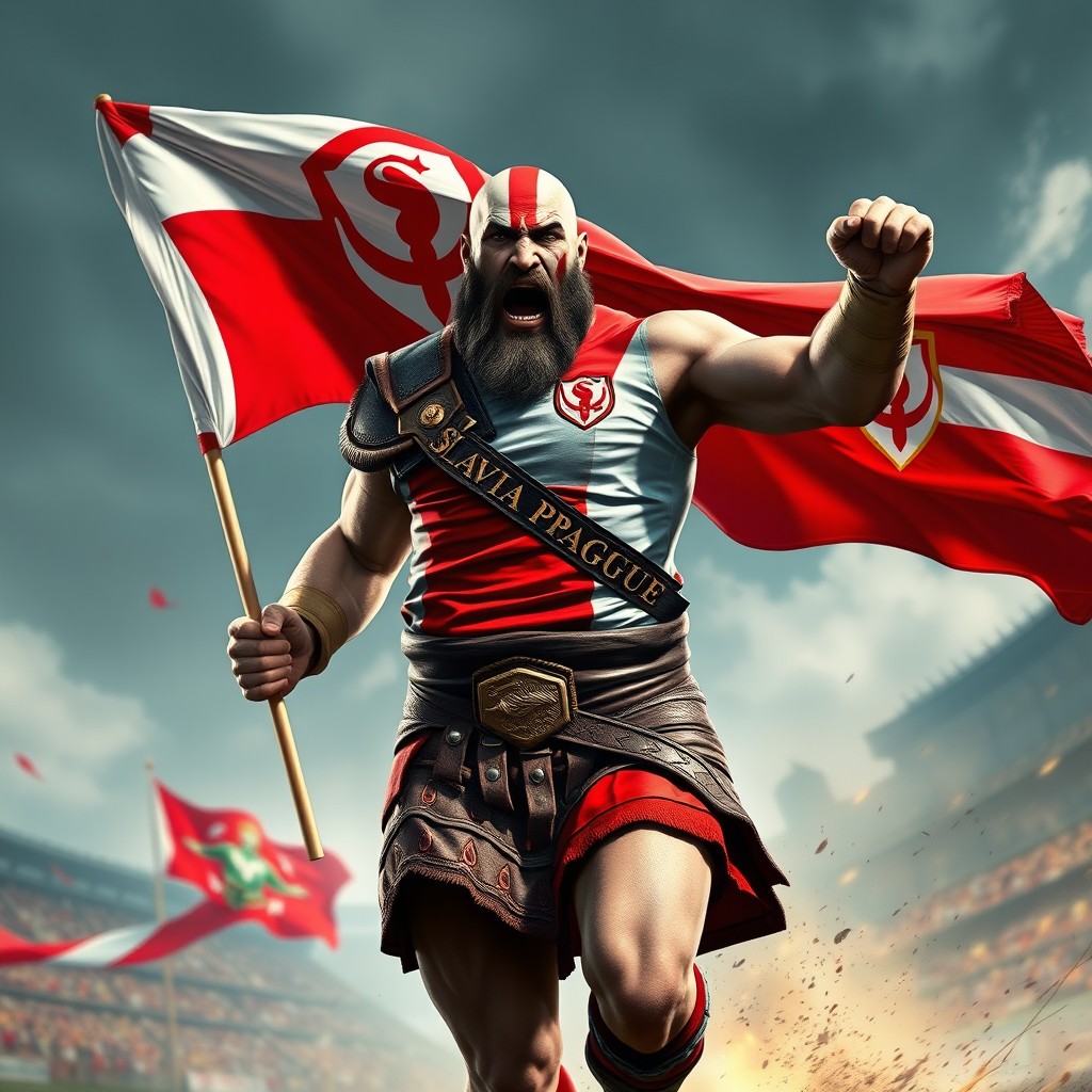 Kratos from the game God of War, depicted wearing a Slavia Prague football jersey, an intense expression on his face as he triumphantly runs while holding a Slavia Prague flag