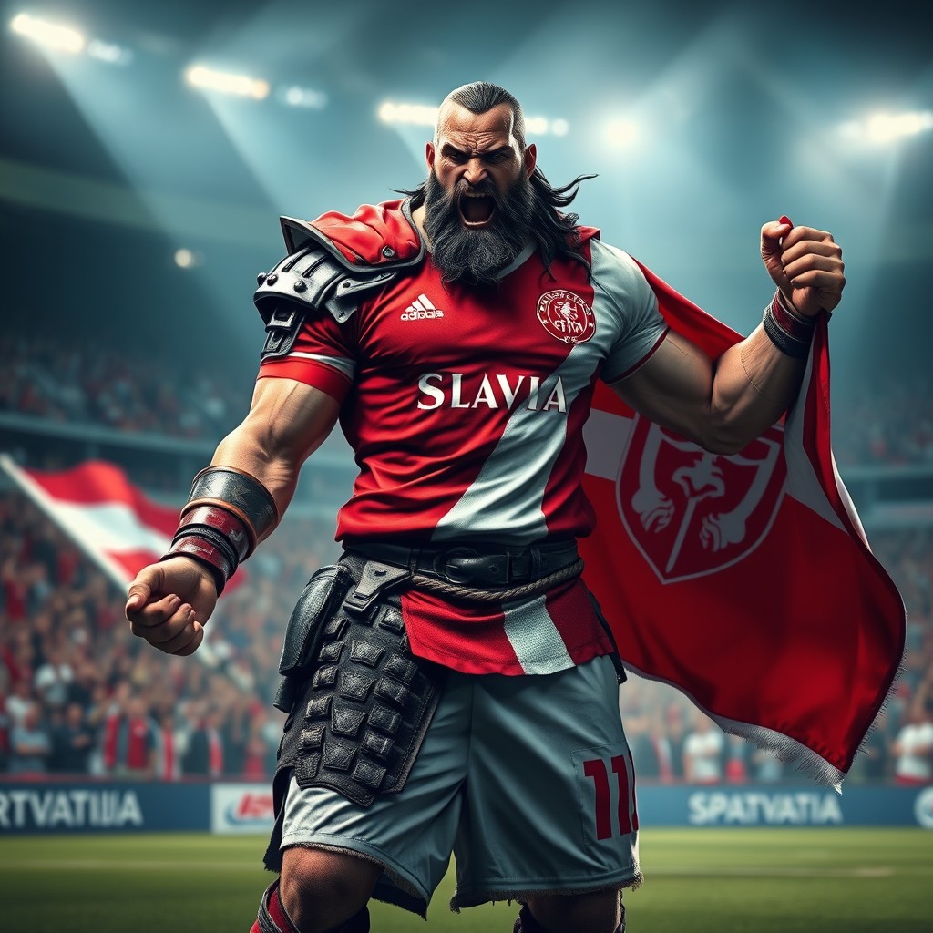 A powerful and muscular character resembling a video game warrior, named Kratos, from a fantasy setting, wearing a football jersey of Slavia Prague