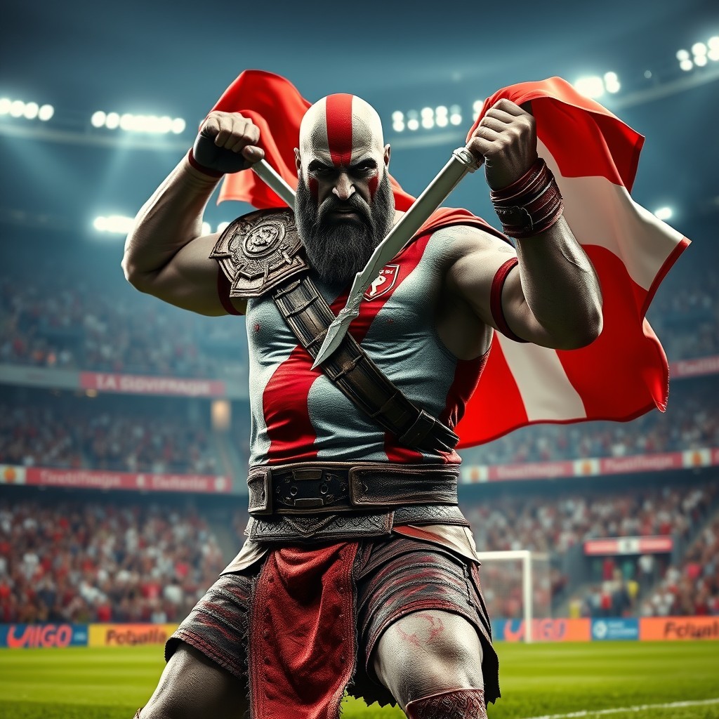 Kratos from the game God of War wearing a Slavia Prague football jersey, fiercely tearing apart a Sparta Prague flag in a dramatic and intense scene