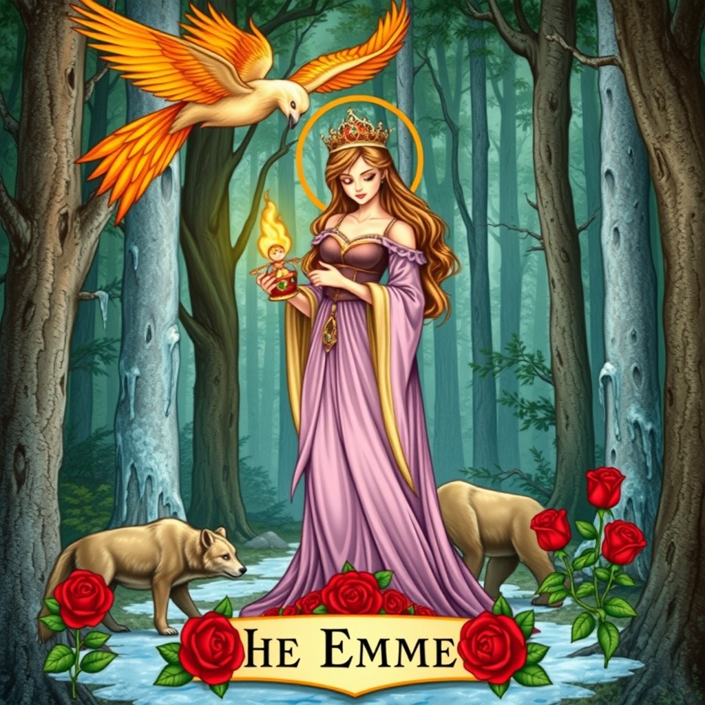 An enchanting illustration of "The Empress" tarot card from the Magic Nesting Dolls, featuring Katya gracefully holding her beautifully crafted nesting doll