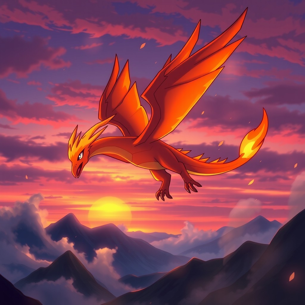 A breathtaking illustration of Moltres, the legendary fire-type Pokémon, soaring gracefully through a twilight sky