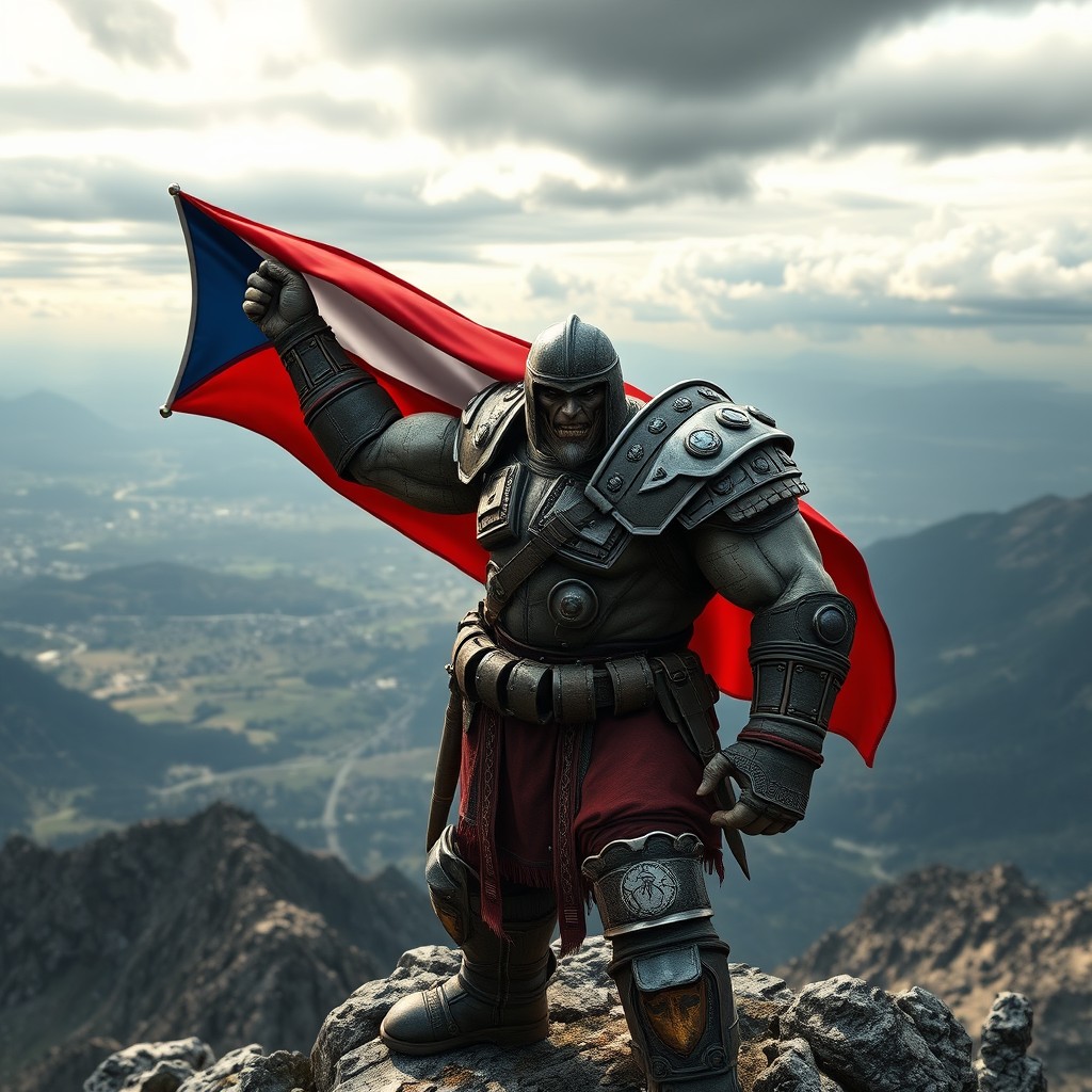 A character from the game Doom, wearing traditional Czech armor, proudly holding the Czech flag at the summit of a mountain