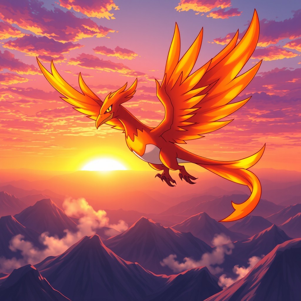 An enchanting illustration of Moltres, the legendary fire-type Pokémon, soaring majestically through a sunset sky
