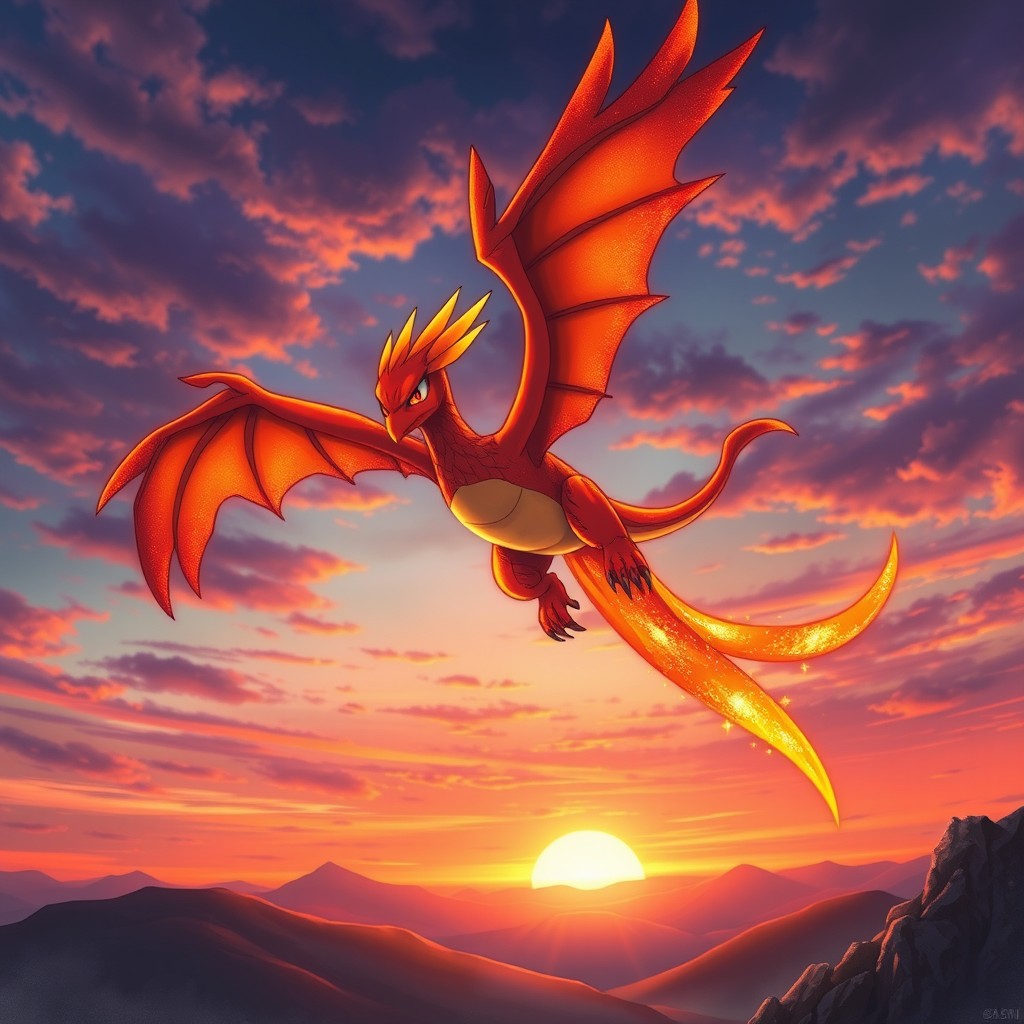 A stunning portrayal of Moltres, the legendary fire-type Pokémon, soaring through the sky amidst a vibrant sunset