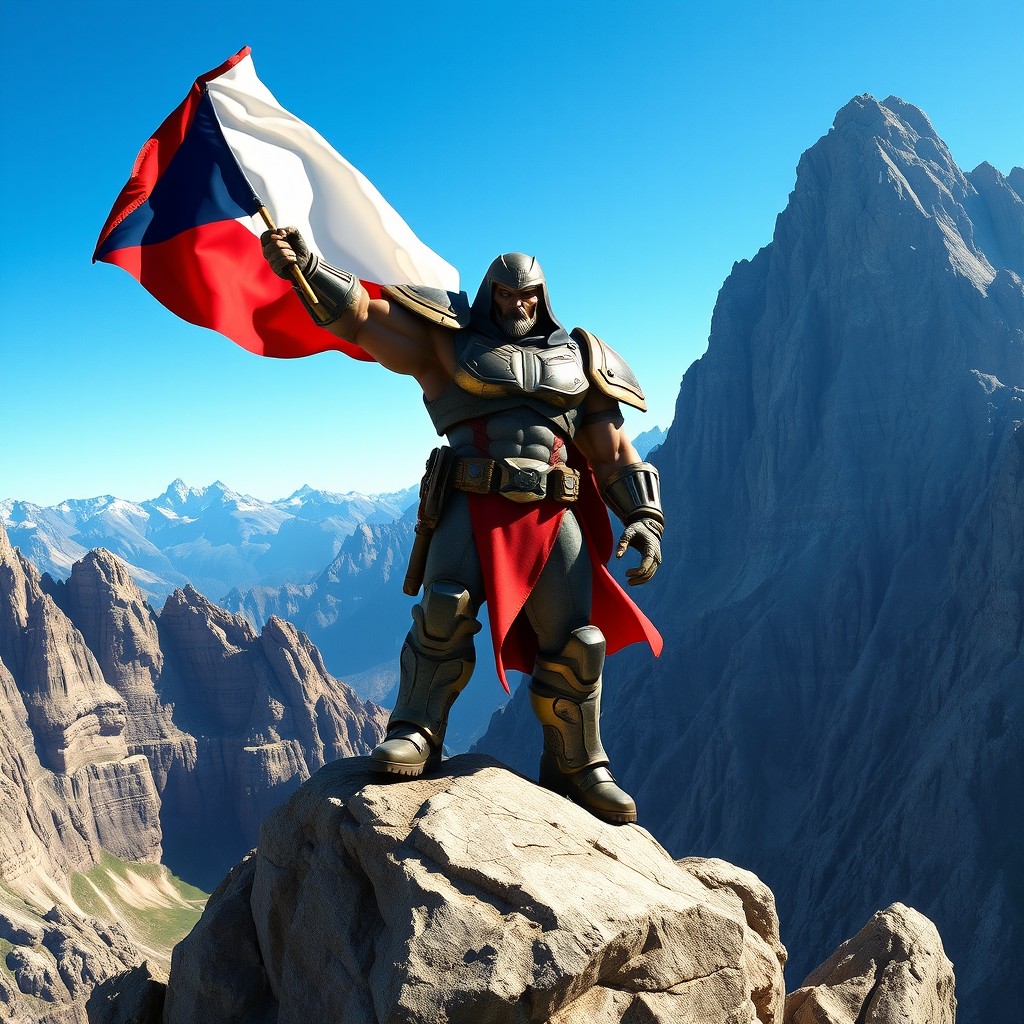 A powerful figure resembling the Doom Slayer from the video game series, standing triumphantly at the peak of a majestic mountain