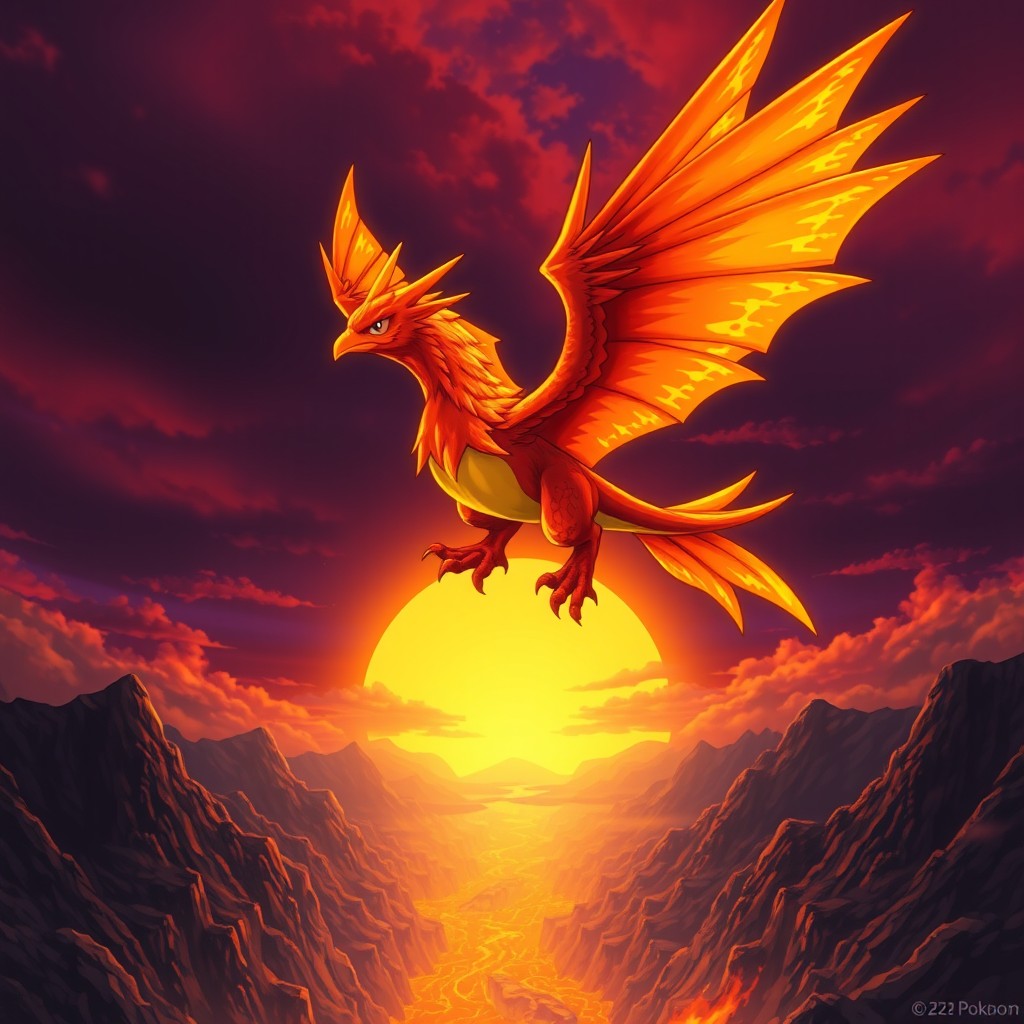 A spectacular depiction of Moltres, the legendary fire-type Pokémon, flying majestically against a dramatic sunset