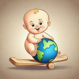 An adorable baby Archimedes sitting on the lowered side of a seesaw, with Planet Earth on the raised side. The fulcrum, positioned in the center-bottom, is shaped like the smile of a child.