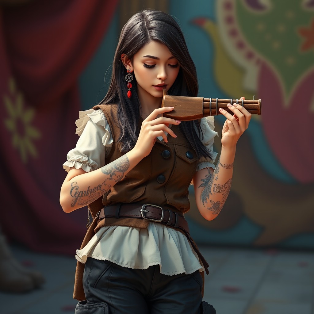A 19-year-old human bard with long, straight, layered dark brown hair, skillfully playing a small ocarina