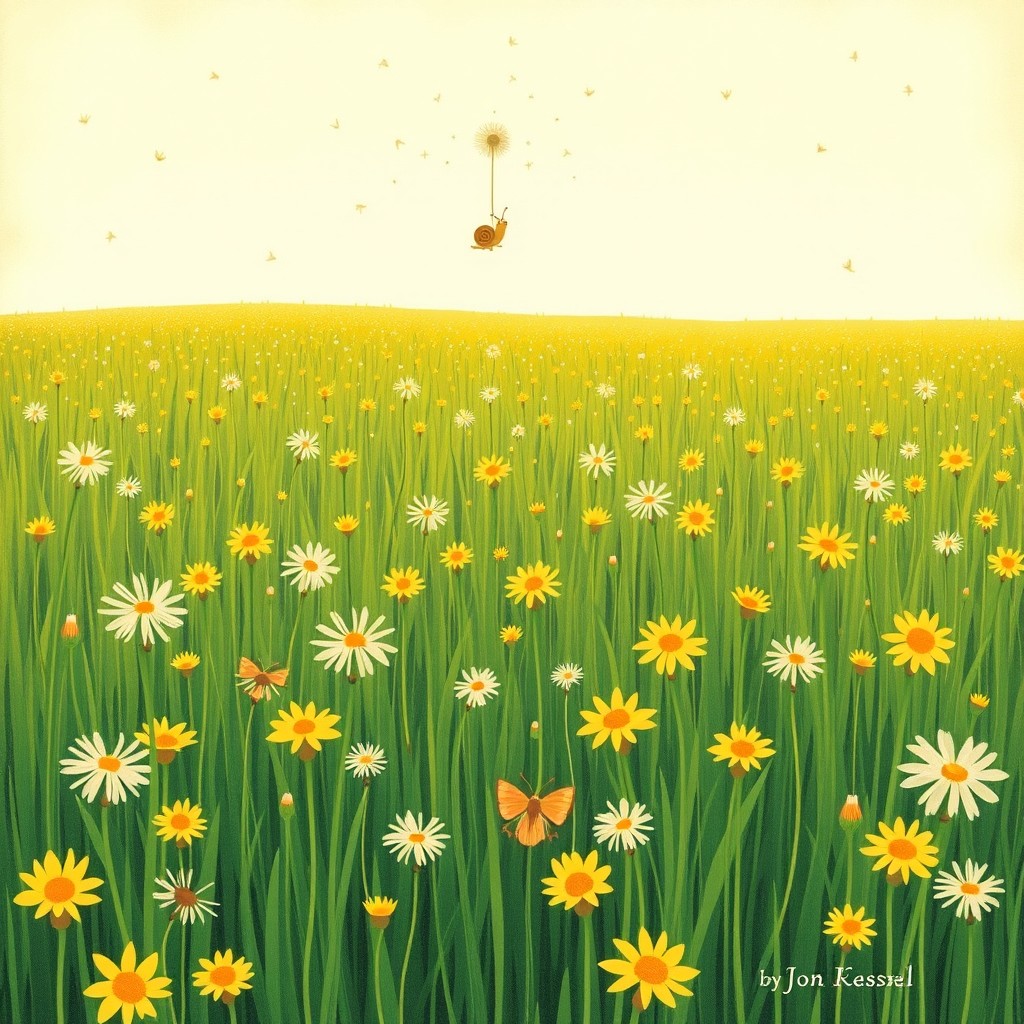 A whimsical scene on a vast grassland filled with vibrant, blooming dandelions, creating a cheerful and lively environment