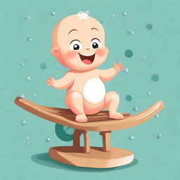 An adorable baby Archimedes sitting on the lowered side of a seesaw, with Planet Earth on the raised side. The fulcrum, positioned in the center-bottom, is shaped like the smile of a child.