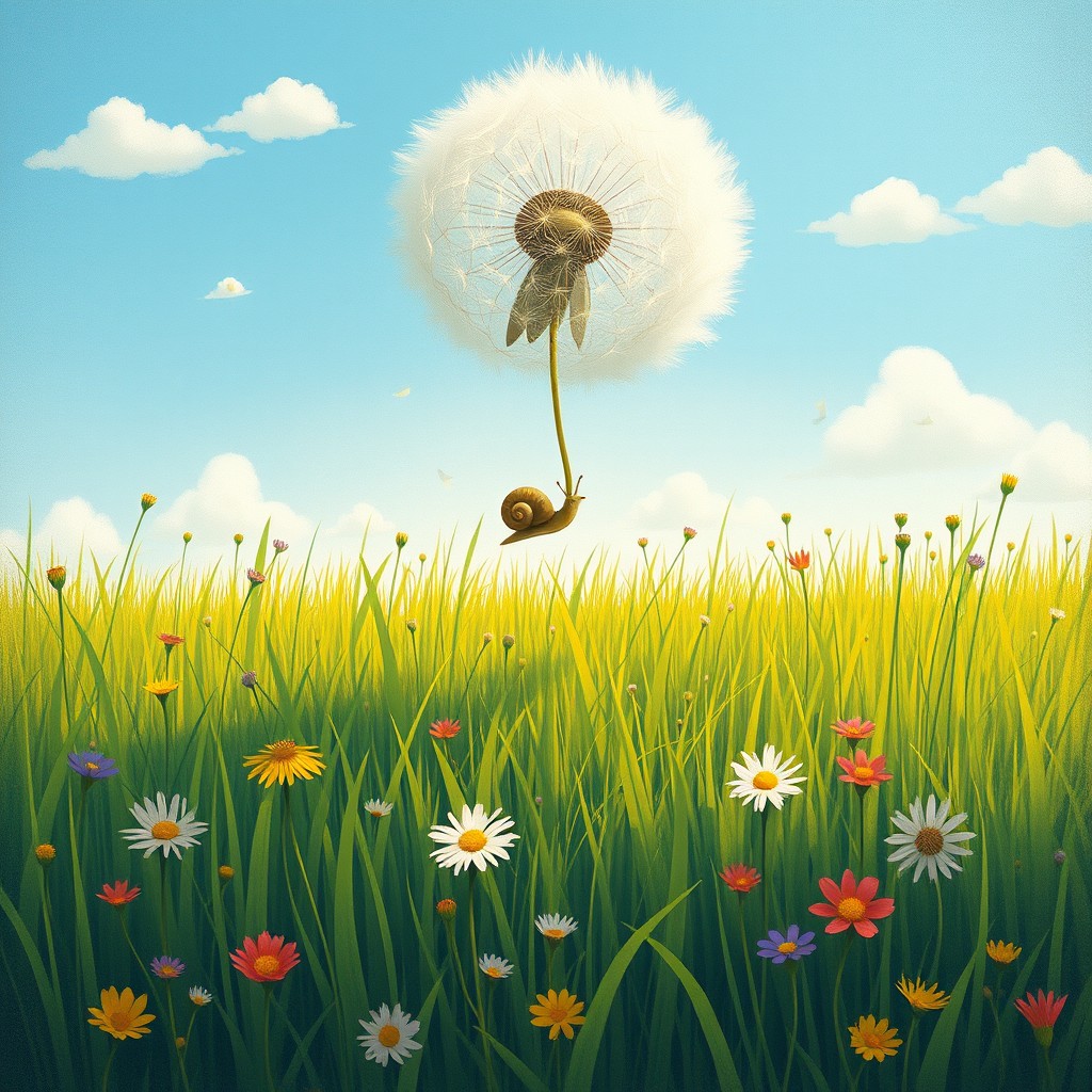 In the enchanting style of Jon Klassen, a vivid grassland is alive with blooming dandelions, their fluffy seed heads swaying gently in the soft breeze