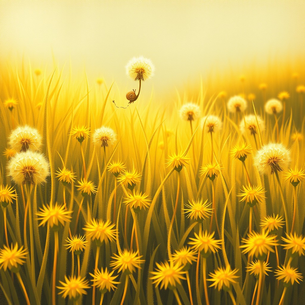 An enchanting autumn grassland filled with golden dandelions, their fluffy seed heads glowing in warm sunlight, creating a picturesque and serene environment