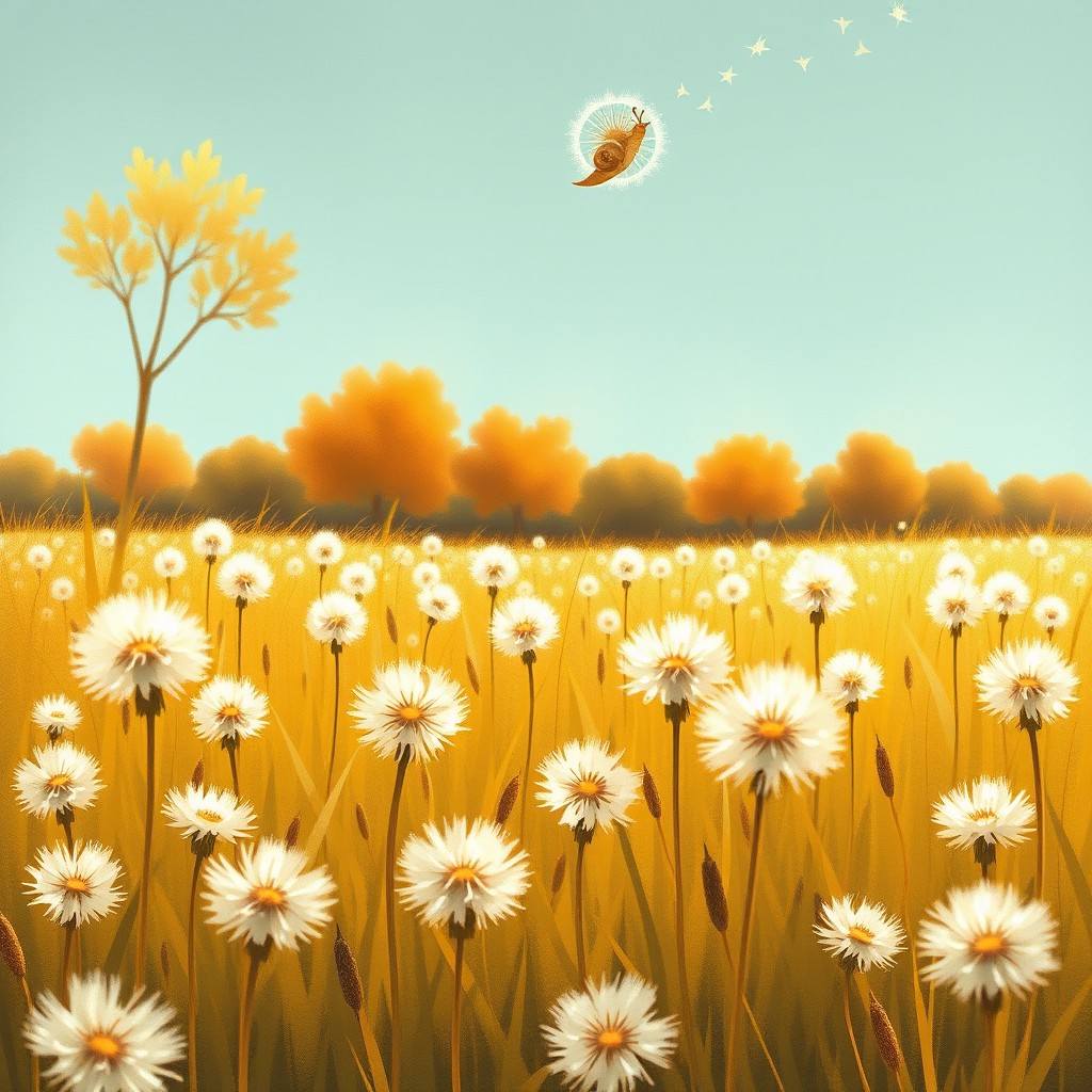 A picturesque autumn scene with a distant view of a grassland teeming with fluffy dandelions, their white seed heads gently illuminated by the warm fall sunlight