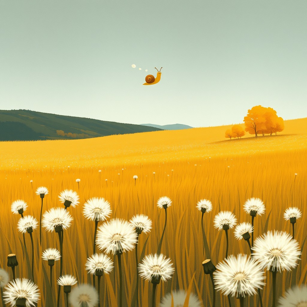 A distant view of an autumn grassland, where the landscape is adorned with fields of fluffy dandelions swaying gently in the breeze