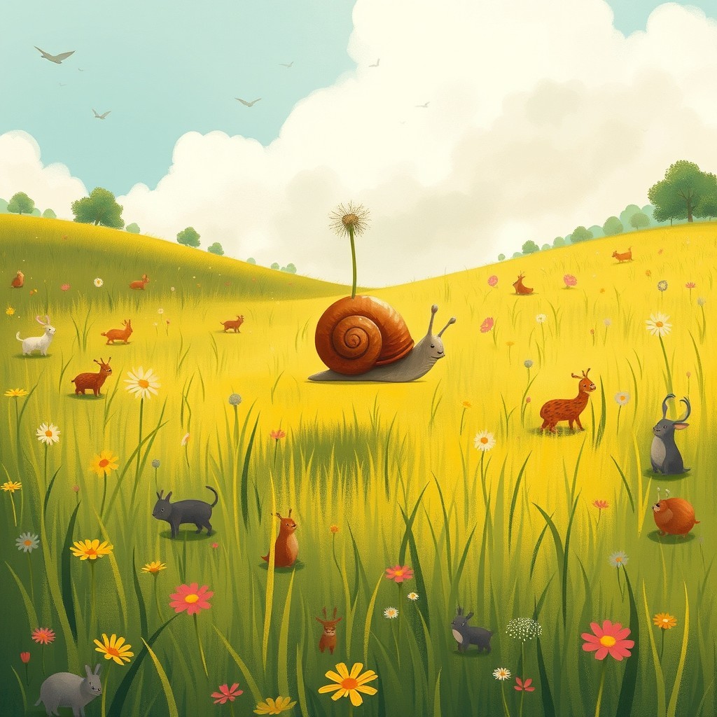 A vibrant grassland scene with various animals scattered throughout, creating a lively and natural atmosphere