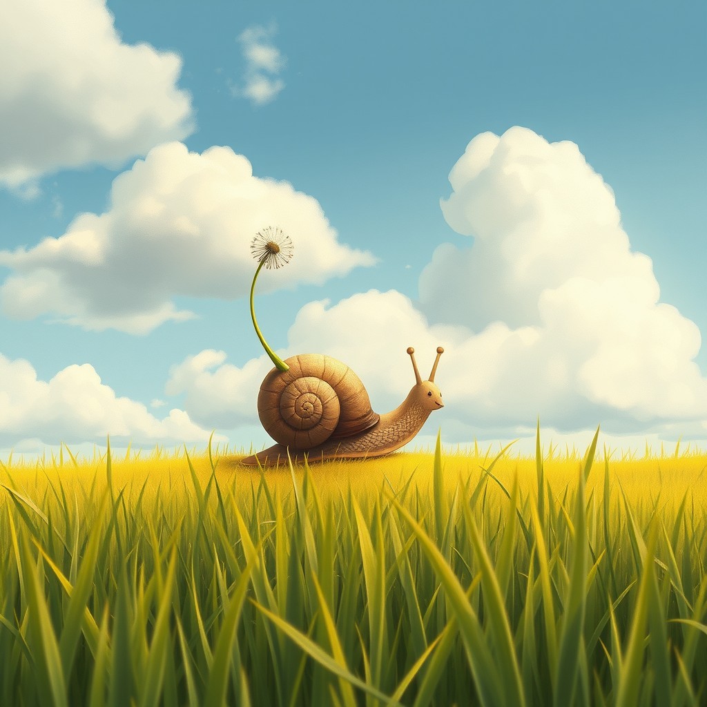 A captivating scene of a grassland in the distance, where a charming small snail floats in the sky