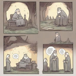 A 2D comic strip. Scene One: Three men greeting an old grandmother. Scene Two: An evil king sitting on his throne. Scene Three: The three men defeating the evil king. Final Scene: One man mourning by two graves