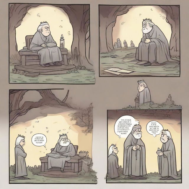 A 2D comic strip. Scene One: Three men greeting an old grandmother. Scene Two: An evil king sitting on his throne. Scene Three: The three men defeating the evil king. Final Scene: One man mourning by two graves