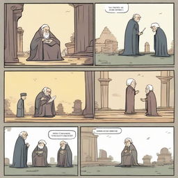 A 2D comic strip. Scene One: Three men greeting an old grandmother. Scene Two: An evil king sitting on his throne. Scene Three: The three men defeating the evil king. Final Scene: One man mourning by two graves