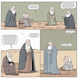 A 2D comic strip. Scene One: Three men greeting an old grandmother. Scene Two: An evil king sitting on his throne. Scene Three: The three men defeating the evil king. Final Scene: One man mourning by two graves