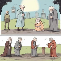 A 2D comic strip. Scene One: Three men greeting an old grandmother. Scene Two: An evil king sitting on his throne. Scene Three: The three men defeating the evil king. Final Scene: One man mourning by two graves