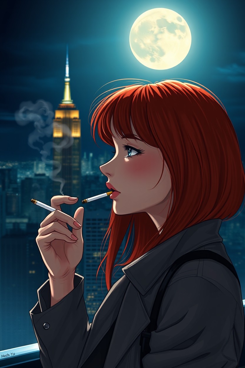 A red-haired girl smoking a cigarette while gazing at the New York skyline under a moonlit night