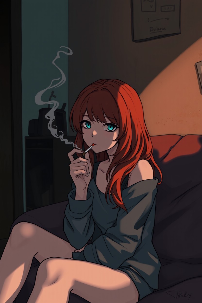 A red-haired girl sitting alone in a dimly lit room, looking contemplative and melancholic as she smokes a cigarette, with wisps of smoke curling up into the air