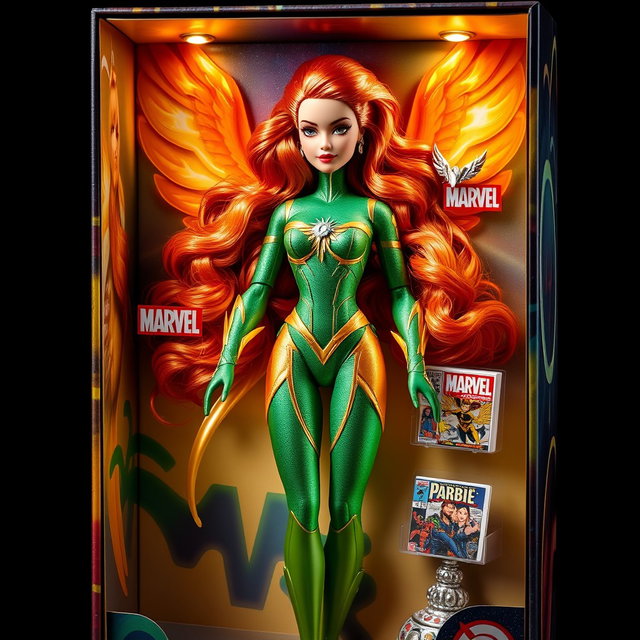 An enchanting illustration of a Barbie doll styled as Phoenix from the Marvel universe, elegantly displayed within a stunning collectible box