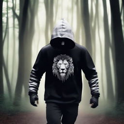 A mysterious man, face masked in black and donned in a hoodie with silver lion stripes, darting through the forest at light speed.