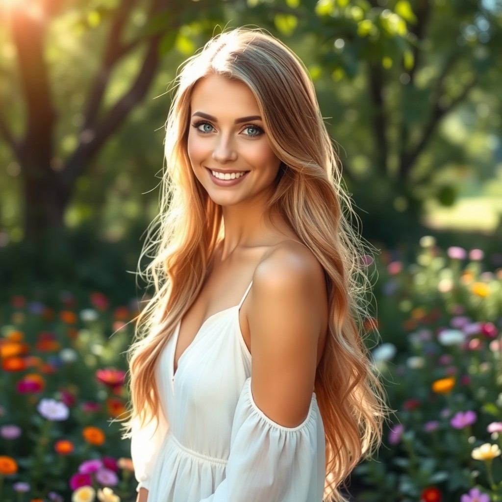 A stunningly beautiful woman with long flowing hair, sparkling blue eyes, and a warm smile
