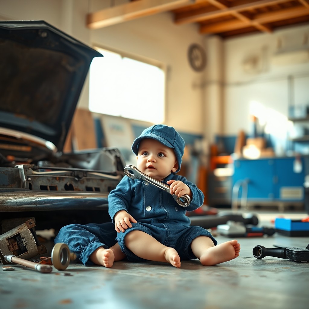 A realistic baby dressed as a mechanic, complete with a tiny blue jumpsuit and a cap, sitting contentedly beside a broken-down classic car in a garage