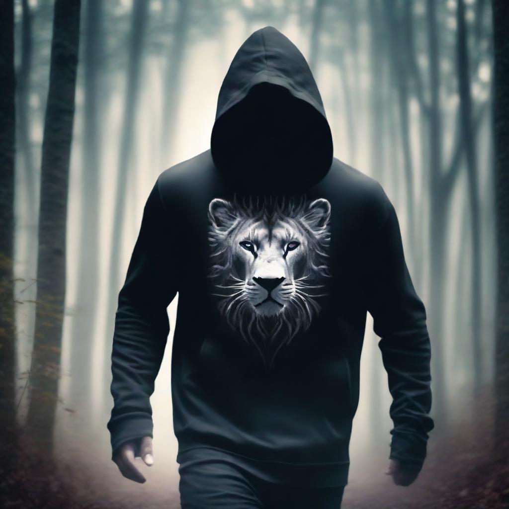 A mysterious man, face masked in black and donned in a hoodie with silver lion stripes, darting through the forest at light speed.