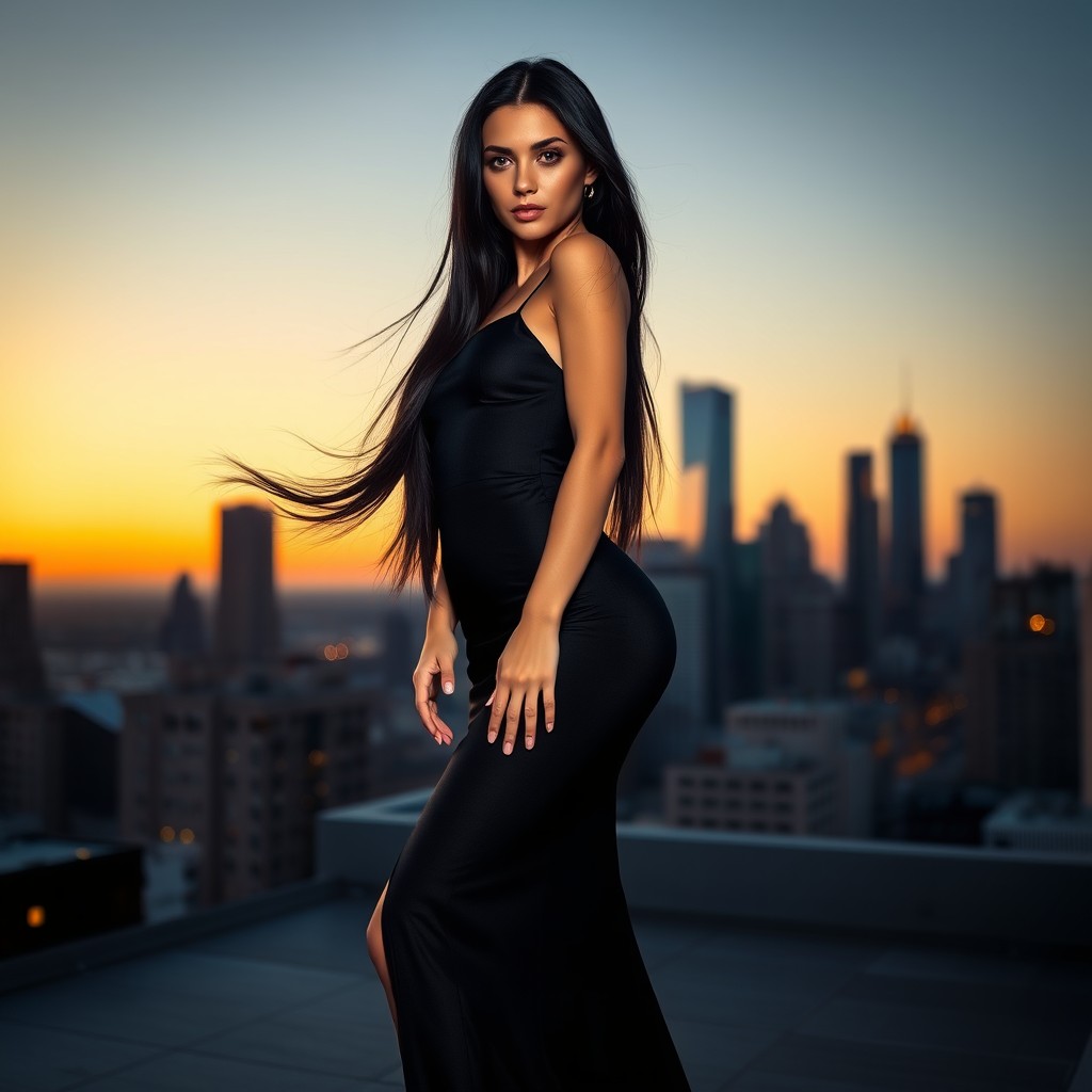 A full-body portrait of a stunningly beautiful woman with long flowing black hair and captivating green eyes, wearing a sleek and elegant black gown that perfectly hugs her curves