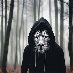 A mysterious man, face masked in black and donned in a hoodie with silver lion stripes, darting through the forest at light speed.